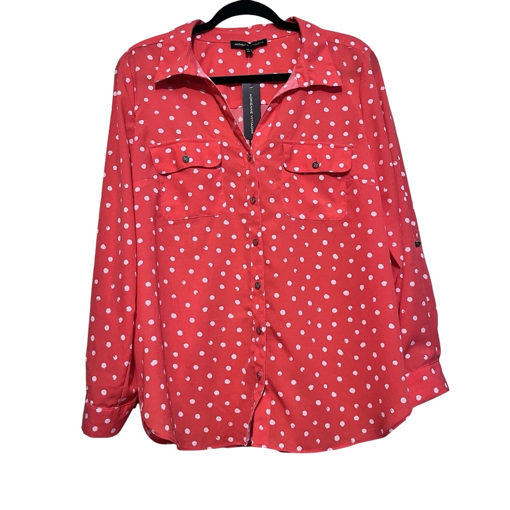 Adrienne Vittadini Button Down Shirt Womens Coral Polka Dot Roll Tab Sleeve L
